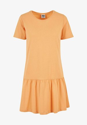 Pomarańczowa sukienka bawełniana z krótkimi rękawami, okrągłym dekoltem i marszczonym dołem z falbaną. Miękka tekstura, prosty fason i długość do kolan.