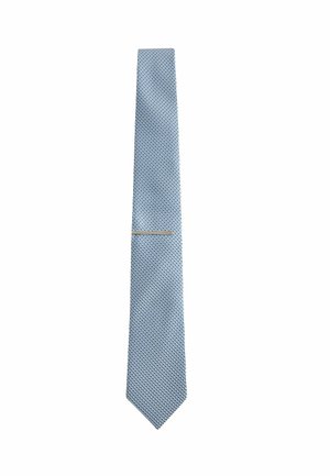 Light blue necktie with a small dark blue dotted pattern and a silver tie clip against a white background.