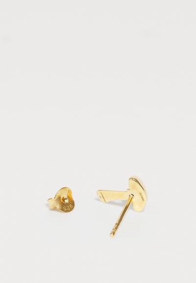 Gold metal earrings featuring a unique design with a smooth, polished surface, one with a post and the other as a backing.