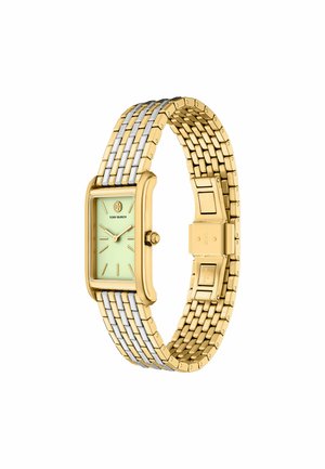 Montre bracelet en métal doré et argenté avec un cadran rectangulaire vert, des indexes dorés et le logo Tory Burch sous 12 heures.