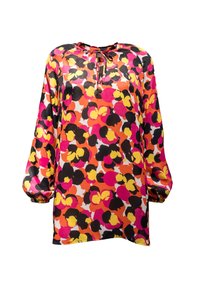 Bunte Bluse aus glattem Stoff mit einem floralen Muster in Pink, Orange, Gelb und Schwarz. Mit einem Dekolleté-Band und Puffärmeln.