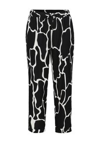 Pantalons à motifs noir et blanc avec un design imprim�é de girafe, taille élastique et coupe décontractée avec des ourlets courts. Texture de tissu douce.