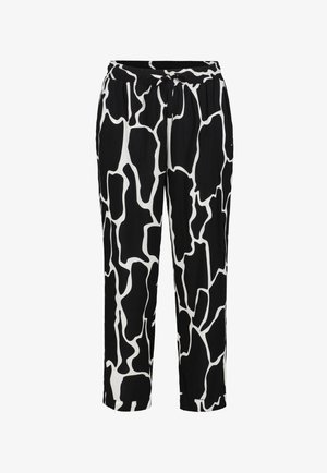 Sort-hvide mønstrede bukser med giraffemønster, elastisk talje og afslappet pasform med cropped ben. Blød stoftekstur.