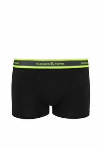Czarne szorty bokserskie o dopasowanym kroju, z szerokim pasem w neonowej zieleni z napisem "slopes & town" w kontrastującym czarnym kolorze.