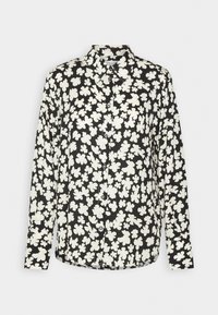 Camicia nera con bottoni, stampa floreale bianca, maniche lunghe, colletto e orlo arrotondato. Realizzata in tessuto leggero con una texture liscia.