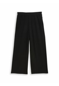 Pantalons larges noirs en tissu doux. Présentent une taille plate avec des poches latérales et une texture lisse.
