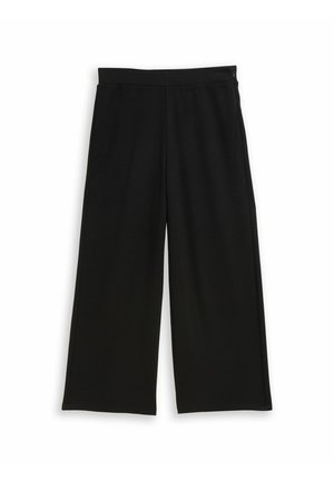 Schwarze, weit geschnittene Hosen aus einem weichen Stoff. Mit einem flachen Taillenbund, seitlichen Taschen und einer glatten Textur.