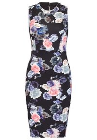 Robe bodycon florale avec un fond noir orné de fleurs roses, bleues et violettes. Conception sans manches avec un col haut.