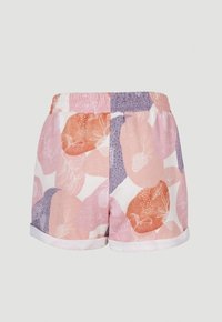 Shorts pour femme à motifs roses et violets avec taille élastique et ourlets roulés sur un fond clair uni.