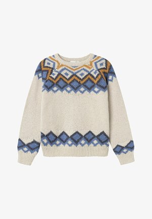 Pull en maille crème avec des motifs géométriques en losanges bleu, marine et moutarde sur la poitrine, les poignets et l’ourlet, avec un col rond.