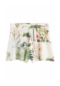 Bloemen shorts van een lichte stof met een witte basis. Het ontwerp bevat pastel bloemen en groene bladeren in een losse pasvorm.