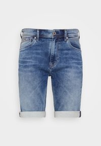 Farkkushortsit vaaleansinisinä, joissa on kääritty lahje, viisi taskua ja metallinappikiinnitys ommelluilla yksityiskohdilla.