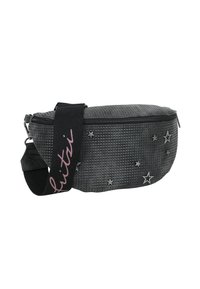 Black, textured fabric fanny pack with zip closure, silver star accents, and a black strap featuring "britzi" in pink script.