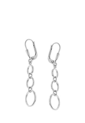 Silver metal dangle earrings with three connected oval links hanging from lever-back clasps on a white background.