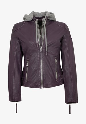Lila Lederjacke mit Frontreißverschluss, Reißverschlusstaschen und einer grauen Kapuzenoberbekleidung darunter.