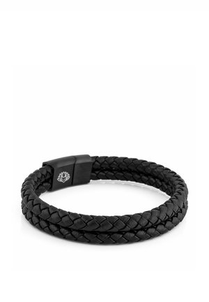 Double-wrap black braided leather bracelet with black magnetic clasp featuring a small white lotus flower emblem.