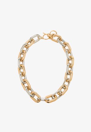 Złoto-srebrny łańcuszek na szyję, z naprzemiennymi owalnymi i prostokątnymi ogniwami, o polerowanym wykończeniu i z zapięciem na toggle.