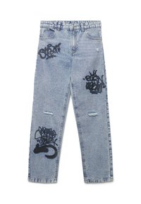 Jeans in denim azzurro chiaro con design in stile graffiti neri, dettagli strappati e una vestibilità dritta. Presentano la classica costruzione a cinque tasche.