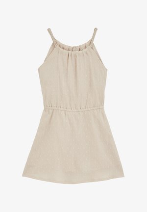 Robe sans manches beige clair avec encolure froncée et bretelles tressées. Tissu texturé avec de petits motifs en relief sur toute la surface.