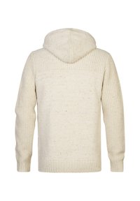 Strickhoodie in Creme mit einem strukturierten Muster. Verfügt über eine Kapuze, lange Ärmel und gerippte Bündchen mit einem gesprenkelten Garnmuster.