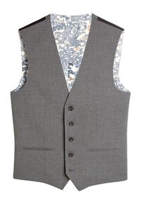 Grauer Stoffweste mit V-Ausschnitt, fünf Knöpfen und zwei Taschen, ausgekleidet mit einem floral gemusterten Futter in Blau und Creme.