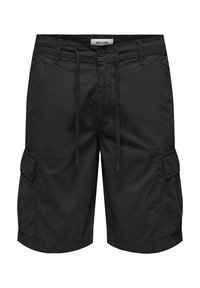 Pantaloni cargo neri realizzati in tessuto leggero, con due tasche laterali, un cinturino con lacci e una vestibilità comoda.