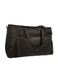 Borsa a spalla in pelle nera con due manici superiori, una tracolla rimovibile, tasca frontale con zip e un ampio scomparto principale dal texture liscia.