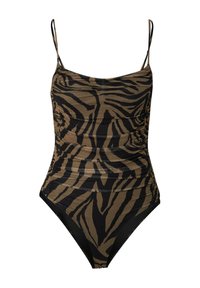 Einteiliger Badeanzug in Braun mit schwarzen Tigermuster. Verfügt über verstellbare dünne Träger, eine geraffte Textur und solide schwarze Akzente am unteren Rand.