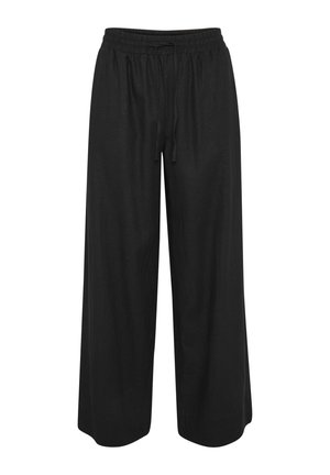 Black wide-leg pants made from a lightweight fabric, featuring an elastic waistband and a drawstring for adjustable fit.