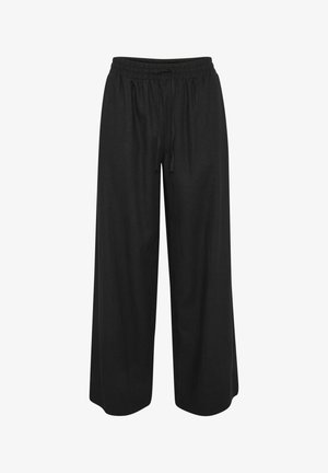 Black wide-leg pants made from a lightweight fabric, featuring an elastic waistband and a drawstring for adjustable fit.