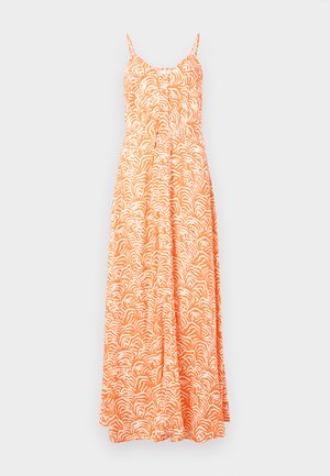 Rochie maxi de culoare portocalie cu un model abstract în valuri albe, având bretele subțiri ajustabile, închidere cu butoni și o siluetă fluidă.