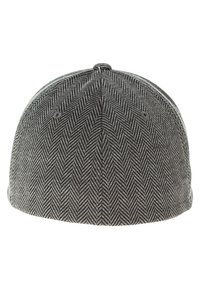 Sivá čiapka s herringbone vzorom, zaobleného tvaru, s hladkým povrchom a malou ventilačnou dierkou na vrchu.