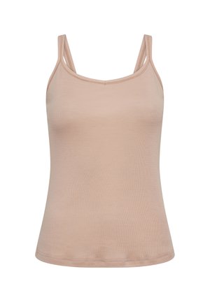 Lyserød tanktop med tynde stropper, lavet af et glat stof. Har en rund halsudskæring og en tætsiddende form. Ingen mønstre eller detaljer.