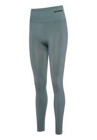 Leggings atletici grigi con vita alta, dotati di accenti turchesi e una texture liscia e elasticizzata. Logo posizionato vicino alla vita.