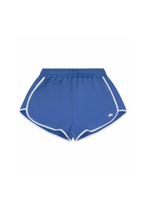 Blaue Sportshorts mit weißem Rand, elastischem Bund und kleinem weißem Logo am rechten Bein.