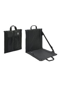 Black folding chair with handles, made from durable fabric, featuring a textured surface and adjustable straps for secure positioning.