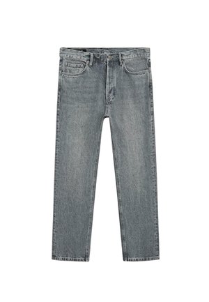 Grijze spijkerbroek met rechte pijpen, voorste knoop- en ritssluiting, vijf zakken en riemlussen, plat liggend op een witte achtergrond.