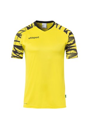 Gul sportsjersey med sorte detaljer på skuldrene. Har en V-hals design og abstrakte mønstre på ærmerne. Lavet af letvægtsmateriale.