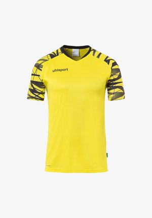 Gul sportsjersey med sorte detaljer på skuldrene. Har en V-hals design og abstrakte mønstre på ærmerne. Lavet af letvægtsmateriale.