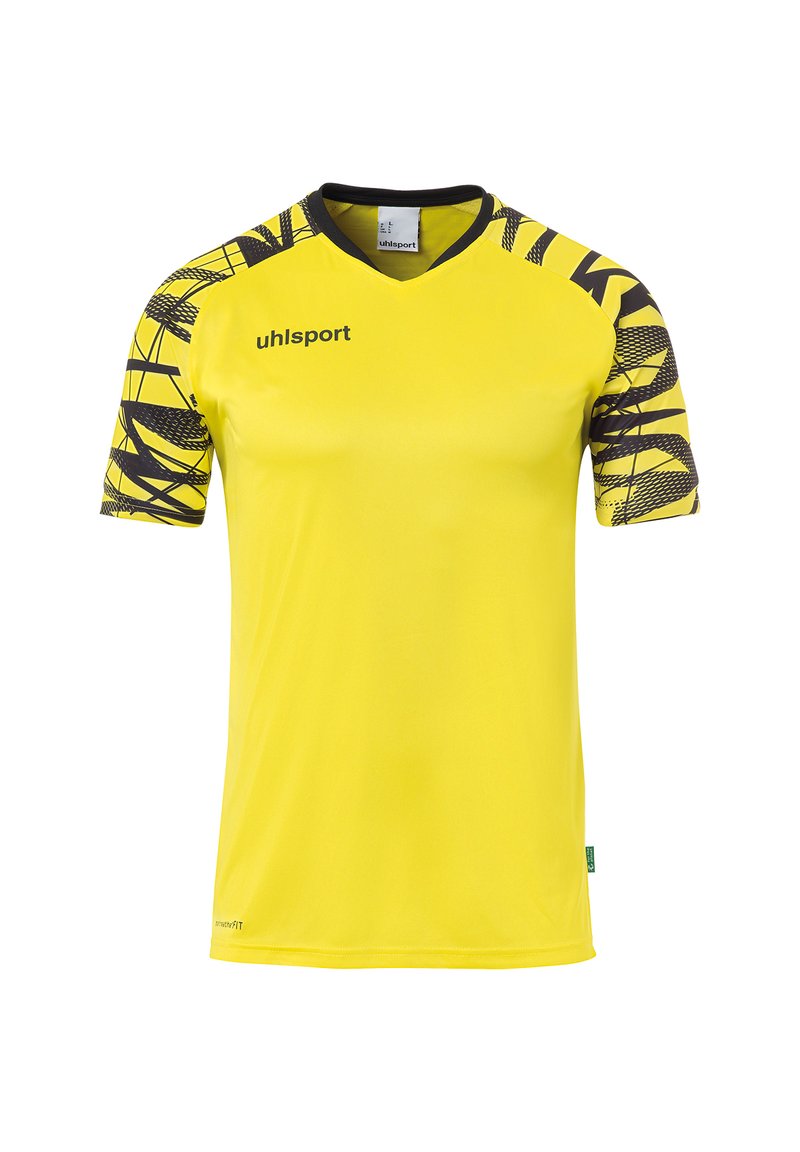 Gul sportsjersey med sorte detaljer på skuldrene. Har en V-hals design og abstrakte mønstre på ærmerne. Lavet af letvægtsmateriale.