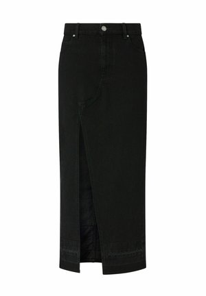 Crna traper midi suknja s prednjim prorezom, petljama za remen i gumbom za zatvaranje. Ima klasičan kroj i glatku teksturu.