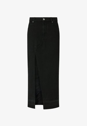 Crna traper midi suknja s prednjim prorezom, petljama za remen i gumbom za zatvaranje. Ima klasičan kroj i glatku teksturu.