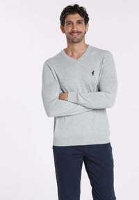 Pull en V gris avec une coupe slim, présentant des poignets et un ourlet côtelés, et un petit logo bleu marine sur la poitrine gauche ; associé à un pantalon bleu marine.