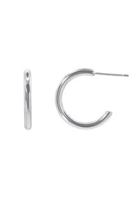 Orecchini a cerchio in argento con una finitura liscia e lucida. Presentano un design curvo e un'asta sottile per il piercing, con una chiusura senza cuciture.