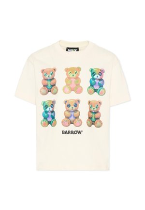 T-shirt bianca con sei orsetti colorati disposti su due file, ciascun orsetto con occhi a bottone, con la scritta "BARROW" stampata sotto.