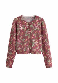 Cardigan floral en bordeaux avec manches longues, col rond et boutons à l'avant. Le matériau présente un motif floral texturé imprimé en verts et blancs.