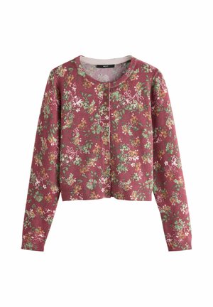 Květinový cardigan v burgundské barvě s dlouhými rukávy, kulatým výstřihem a předními knoflíky. Materiál má strukturovaný potištěný květinový vzor v zelených a bílých odstínech.
