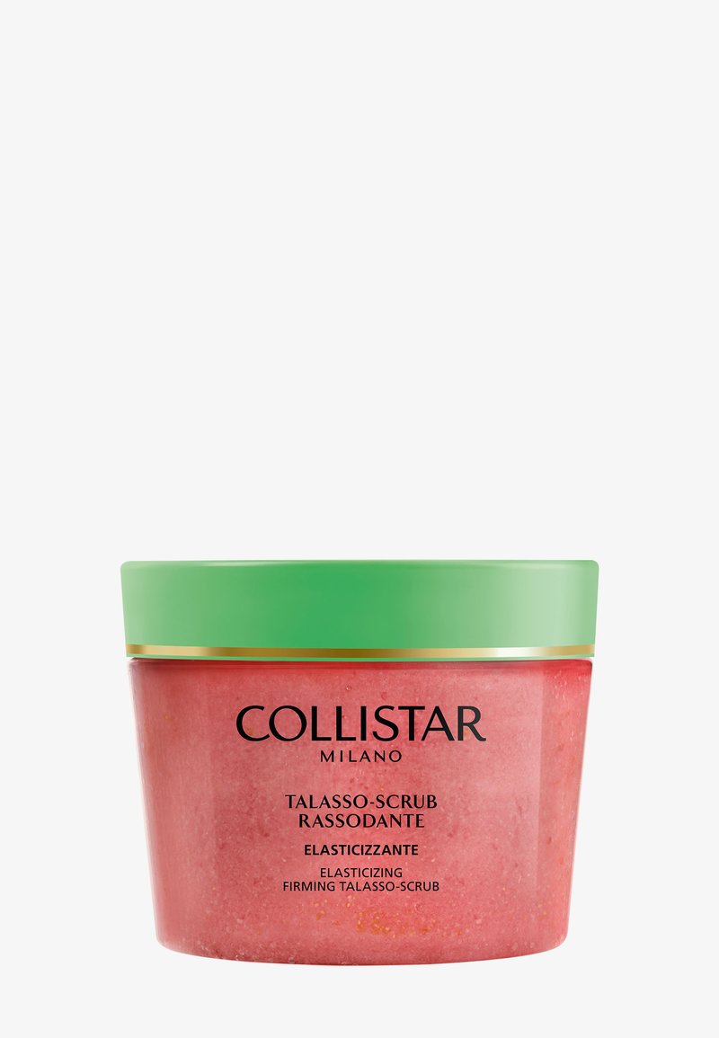 Pot de Collistar Milano Elasticizing Firming Talasso-Scrub avec un couvercle vert et un gommage corporel rose texturé visible à l'intérieur.