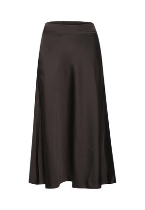 Sort satin midi-nederdel med en glat tekstur og let flare, med en tætsiddende talje og en ren kant.