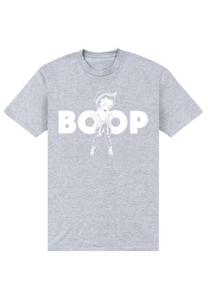 Ljusgrå T-shirt med en vit tecknad figur och stor vit text "BOOP" över bröstet.